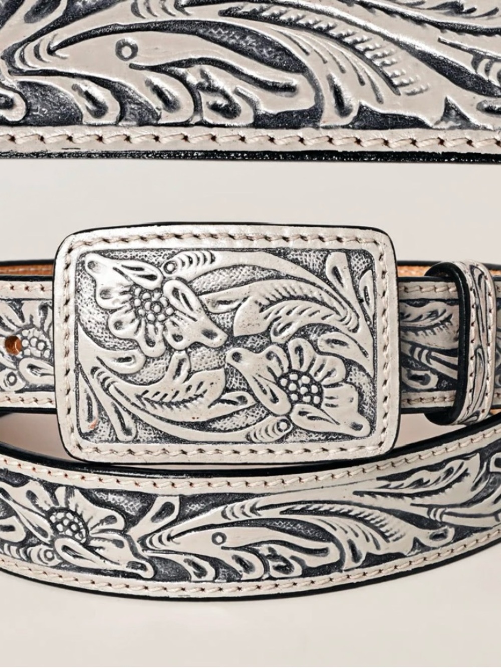 American Darling Tooled Floral White and Black Leather Belt